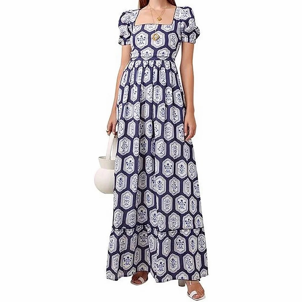 Agua Bendita Pomelo Riviera Maxi Dress Linen Navy Blue Floral Tile Print L